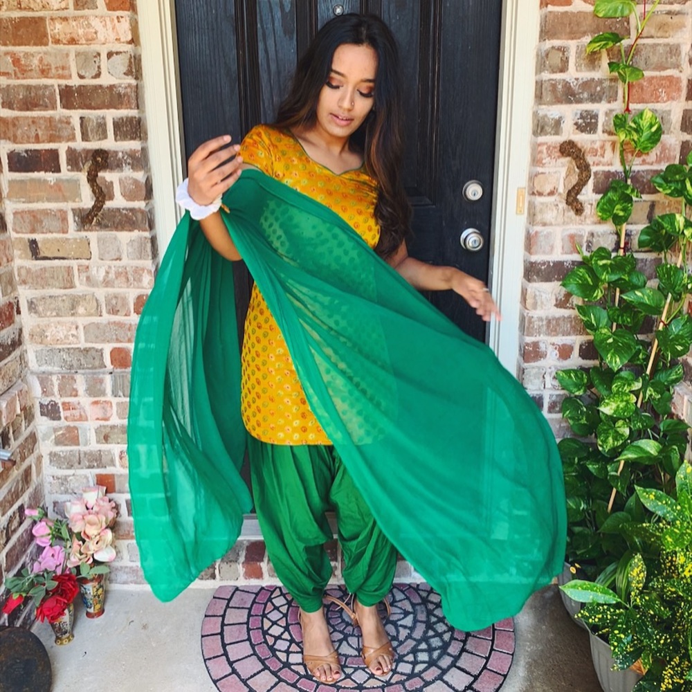 Green and yellow Indian patiyala suit.